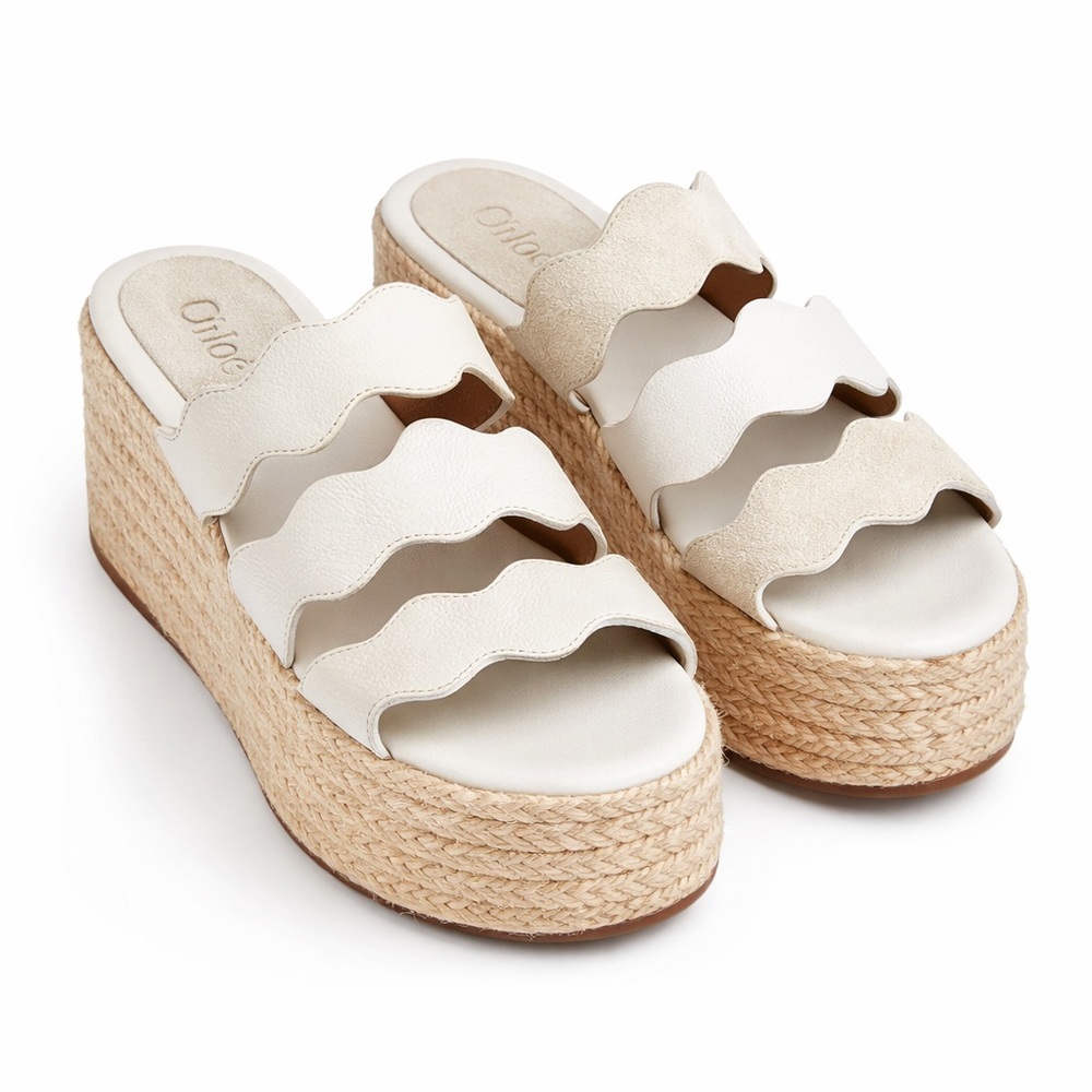 Chloé White Scalloped Leather Platform Espadrille Sandals Size 36 Made in Spain